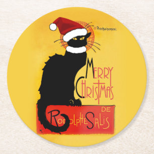 Le Chat Noir Santa Hat Christmas Round Paper Coaster