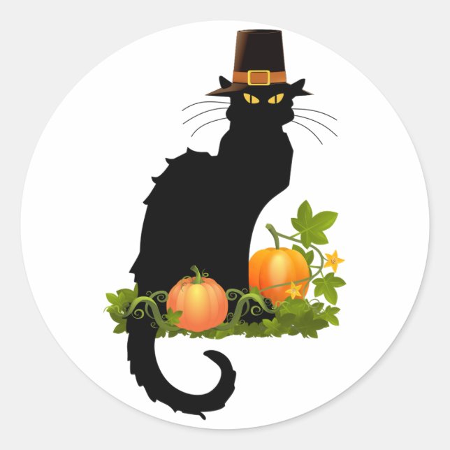 Le Chat Noir Thanksgiving and Pilgrim Turkey Classic Round Sticker (Front)