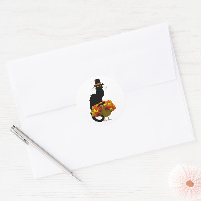 Le Chat Noir Thanksgiving and Pilgrim Turkey Classic Round Sticker (Envelope)