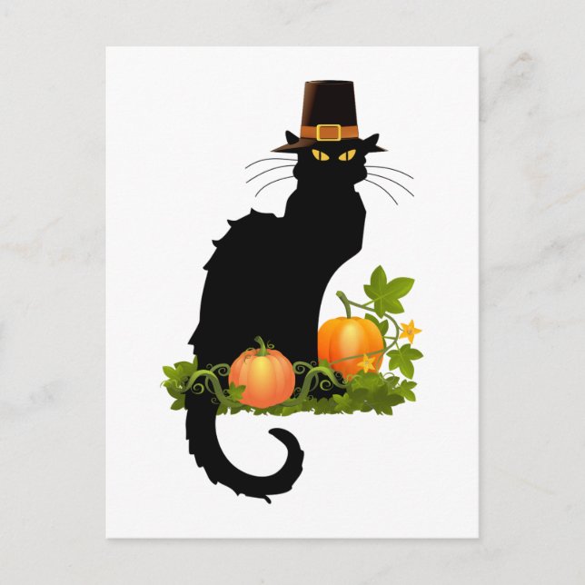 Le Chat Noir Thanksgiving and Pilgrim Turkey Holiday Postcard (Front)