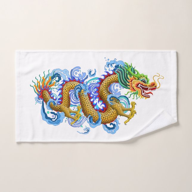 Le dragon d'or avec de l'eau éclabousse la (Serviette à main)