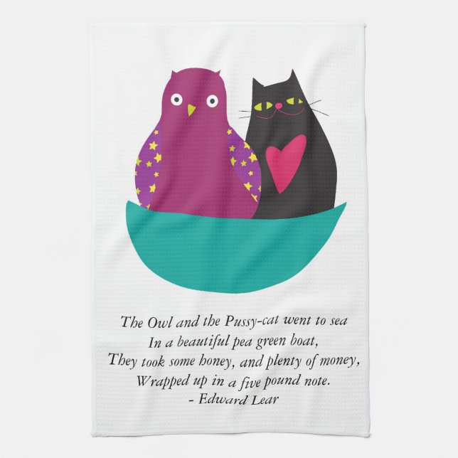 Le hibou et le minou - serviette de cuisine/thé (Vertical)