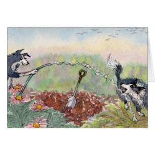 Le jardinage est amusement ! Chiens, tuyaux,