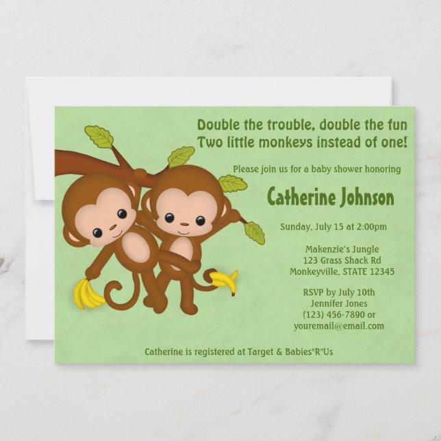 Le JUMEAU Monkeys les invitations MM2 VERT de baby (Devant)