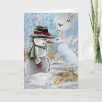 Le lapin mange les cartes du nez du bonhomme de
