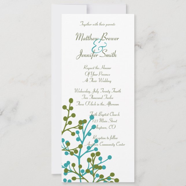 Le long Faire-part de mariage floral bleu et vert (Devant)