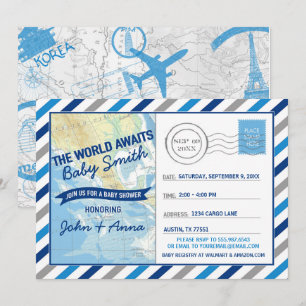 Le monde attend la carte postale bleue Invitation 