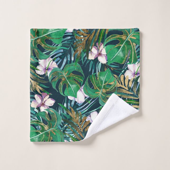 Le monstre lilas vert tropical d'or laisse floral (Gant de toilette)