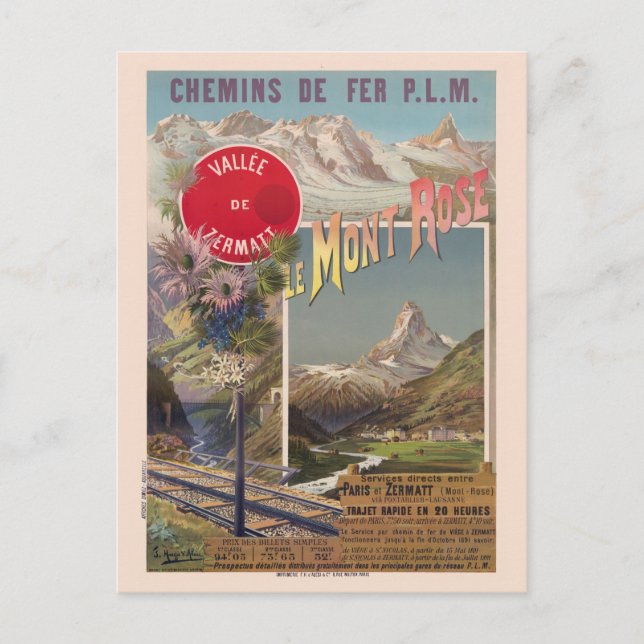 Le Mont Rose Switzerland Vintage Poster 1891 Postcard (Front)