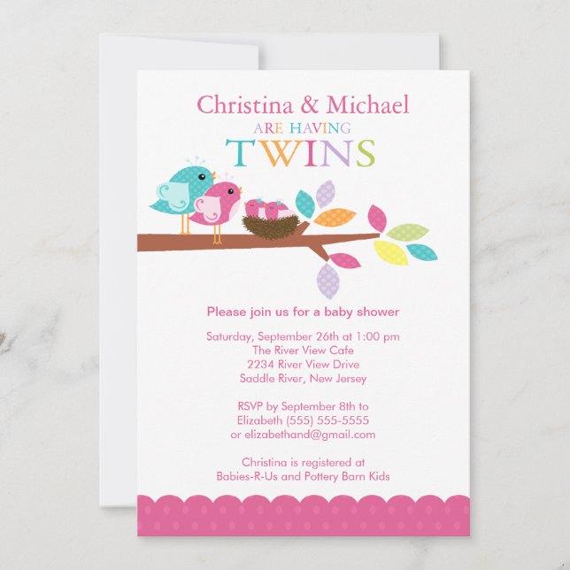 Le nid d'oiseaux de bébé jumelle des invitations (Devant)