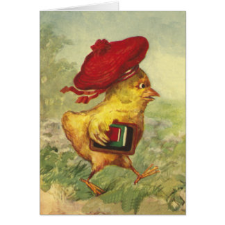 Le poussin dans un béret rouge retourne à l'école