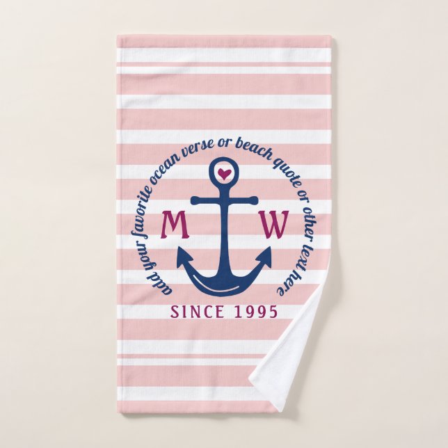 Le rose de coeur d'Ancre barre le logo nautique de (Serviette à main)
