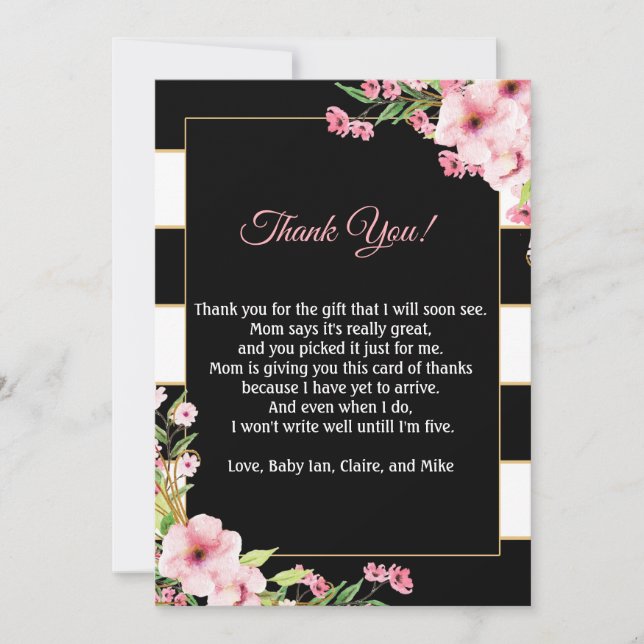 Le rose de note de carte de remerciements de baby (Devant)