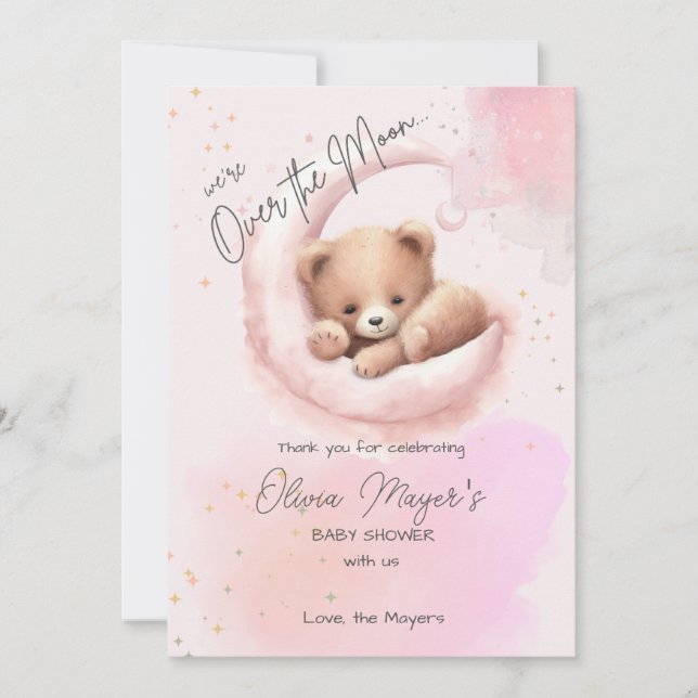 Le rose sur la lune Baby shower de l'ours Carte de (Devant)