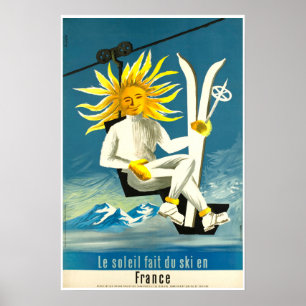 Le soleil fait du ski en France, affiche de ski