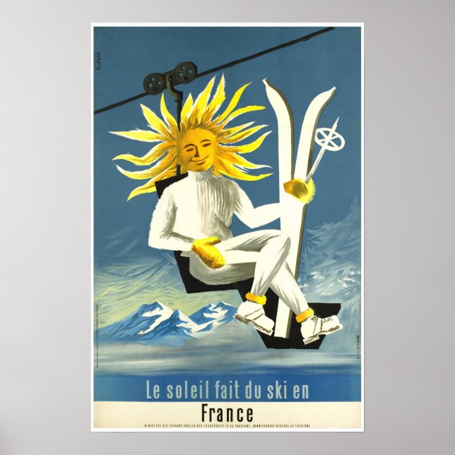 Le soleil fait du ski en France, affiche de ski (Devant)