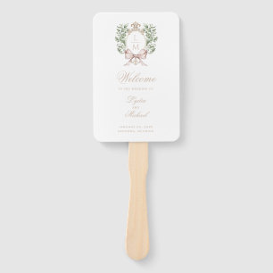 Leaf Crest Monogram   Tan Bow Wedding Program Hand Fan