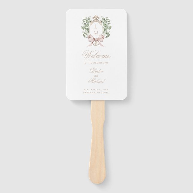 Leaf Crest Monogram | Tan Bow Wedding Program Hand Fan (Front)