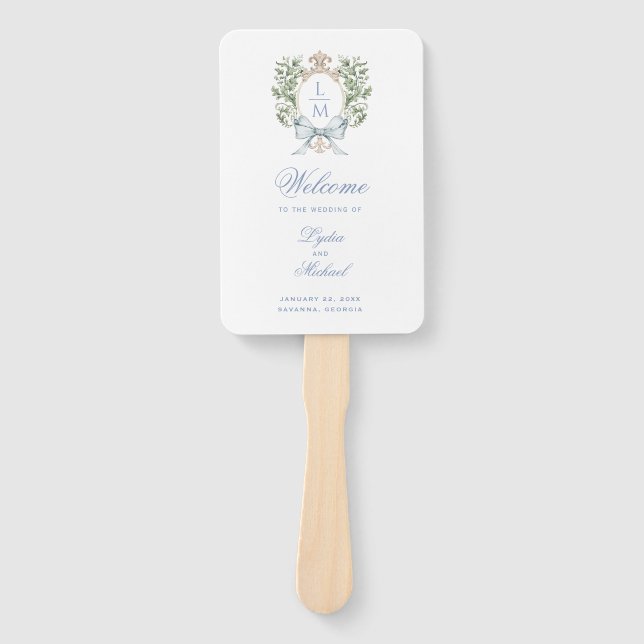 Leaf Crest Monogram Wedding Program Hand Fan (Front)