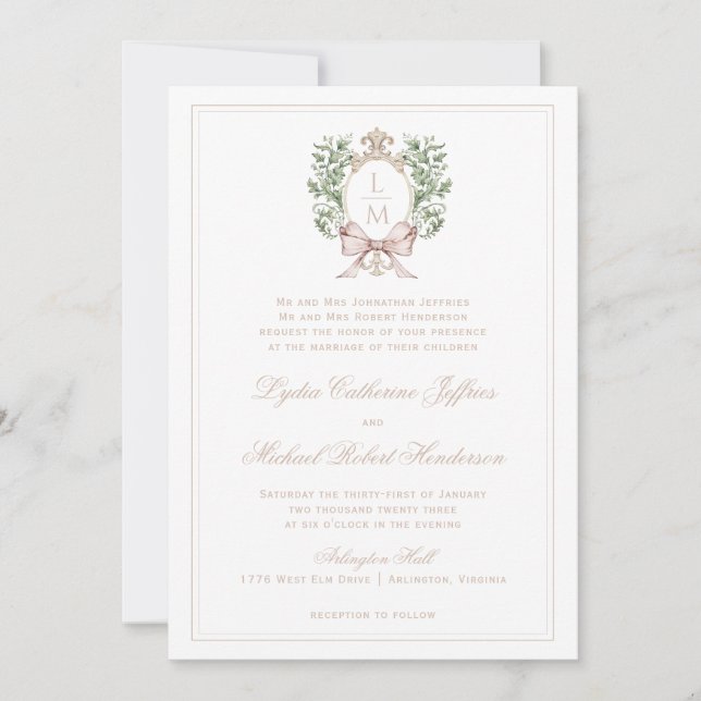  Leaf Crest w/ Bow  Tan Text | Monogram Wedding Invitation (Front)