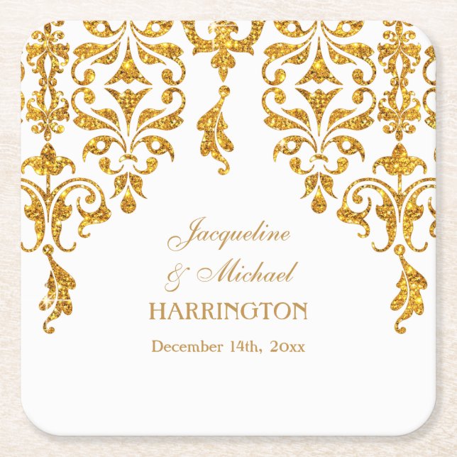 Leaf Damask Art Nouveau Glitter Reception Decor Square Paper Coaster (Front)