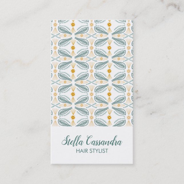 Leaf Feather Modern Tile Pattern Green Gold Business Card (Front)