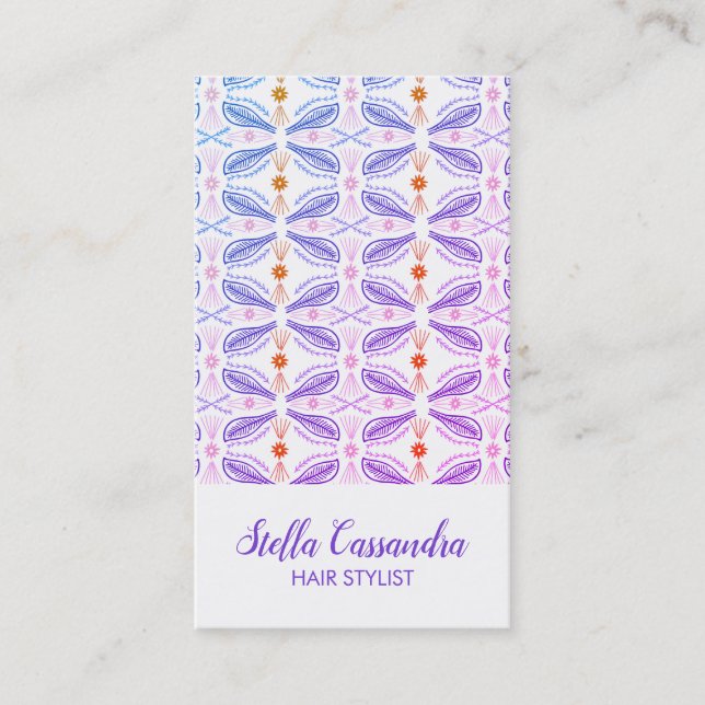 Leaf Feather Modern Tile Pattern Purple Business Card (Front)
