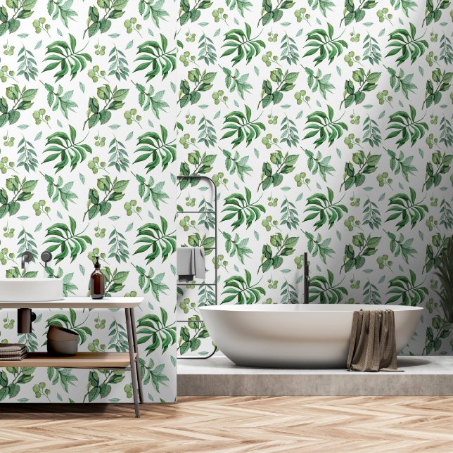 Leaf foliage greenery woodland forest green white wallpaper (Bathroom)