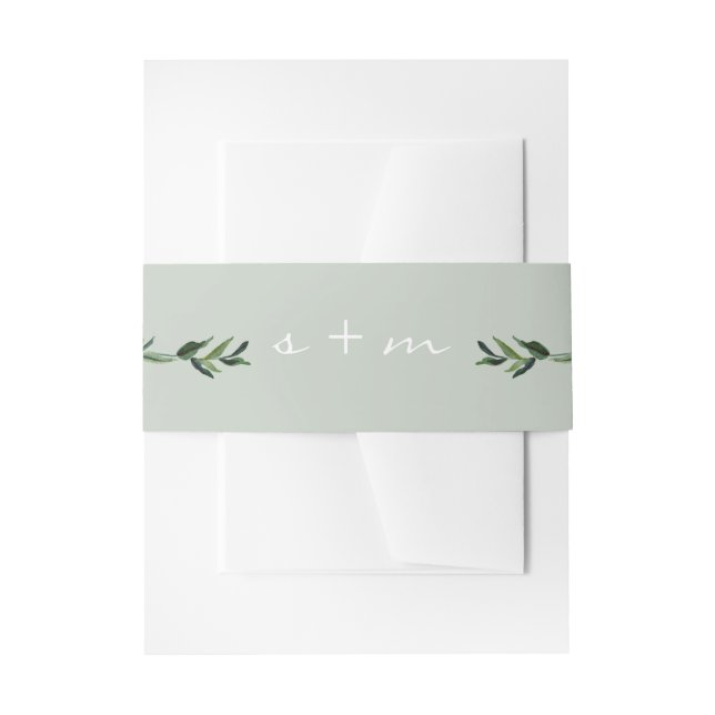 Leaf Foliage Monogram Simple Modern Minimal Sage Invitation Belly Band (Front Example)