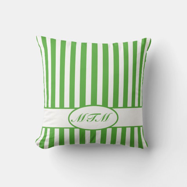Leaf Green Autumnal Stripes with monogram Throw Pillow (Front)
