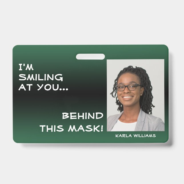 Leaf Green & Black Ombre Smiling Hello Behind Mask Badge (Front)