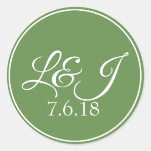 Leaf Green & White Couple's Initals & Wedding Date Classic Round Sticker