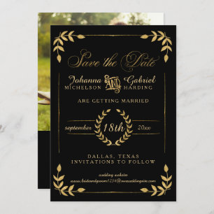 Leaf Greenery Gold Black Save the Date Photo