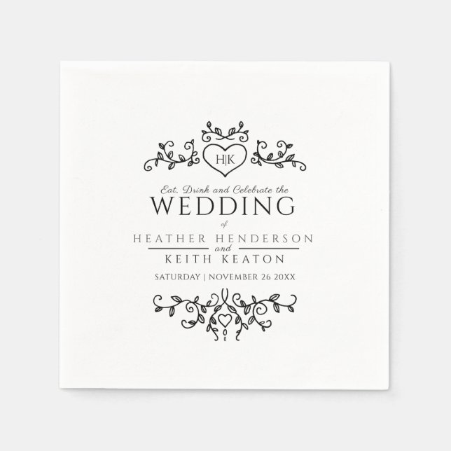 Leaf heart art monogram black and white wedding napkin (Front)