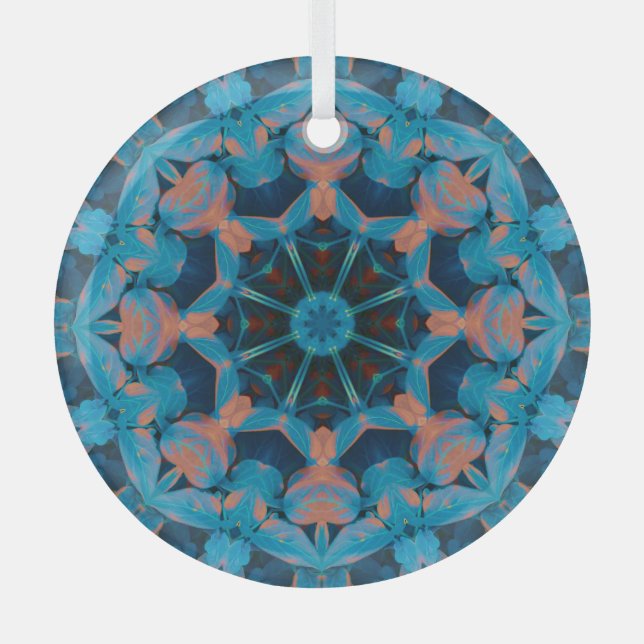 Leaf Kaleidoscope Star in Blue and Orange Glass Ornament (Front)