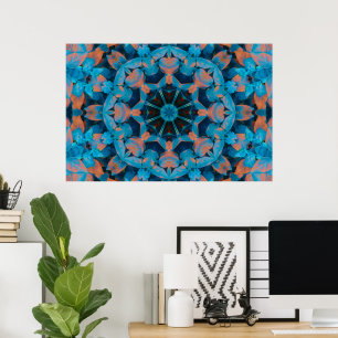 Leaf Kaleidoscope Star in Blue and Orange Poster