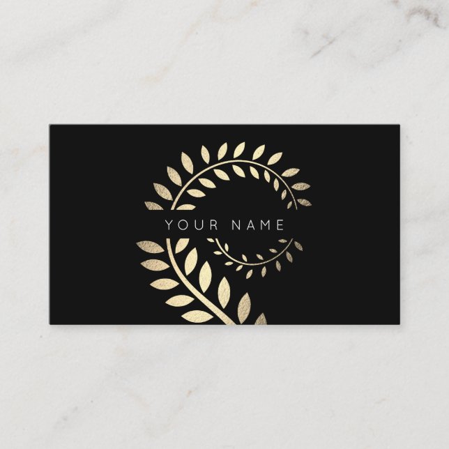 Leaf Laurel Fern Botanic Ivory Gold Black Business Card (Front)