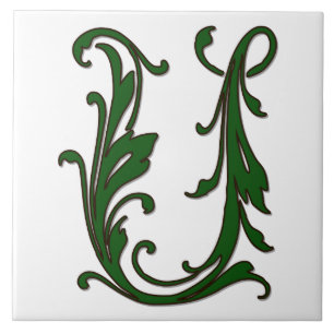 Leaf Letter U in Green Monogram Tile