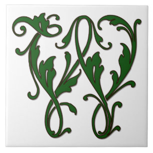 Leaf Letter W in Green Monogram Tile