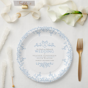 Leaf line art heart monogram blue wedding paper plate