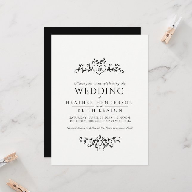 Leaf line art heart monogram mono wedding invitation (Front/Back In Situ)