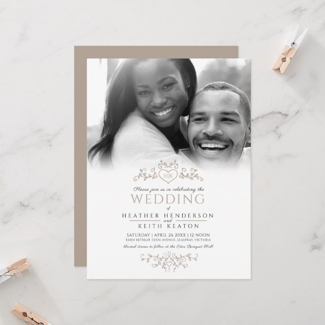 Leaf line art heart monogram tan wedding photo invitation (Front/Back In Situ)
