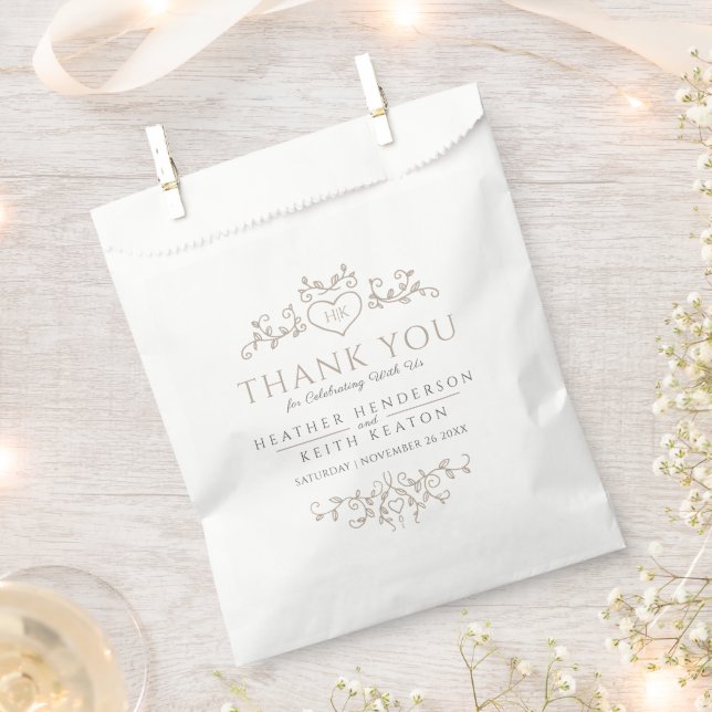 Leaf line art heart monogram tan wedding thank you favour bag (Clipped)