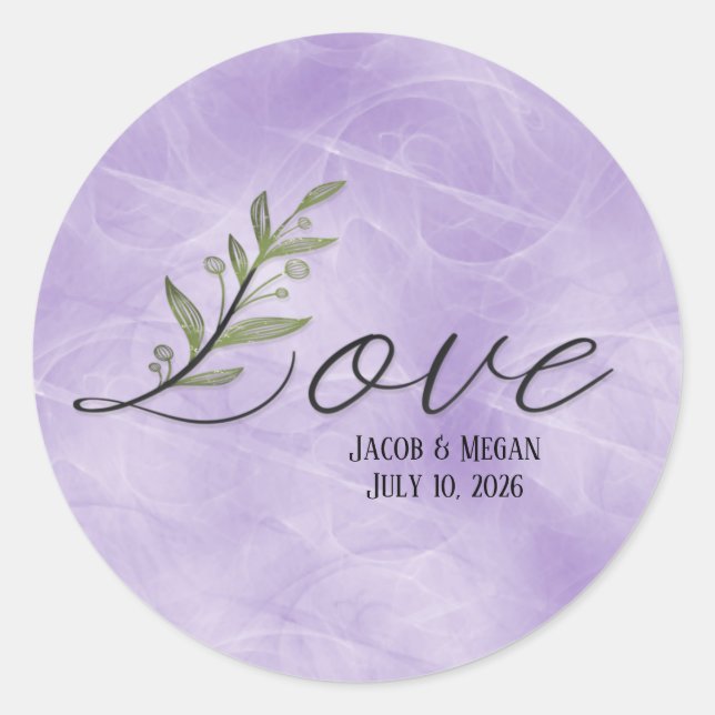 Leaf Love text wedding day Classic Round Sticker (Front)
