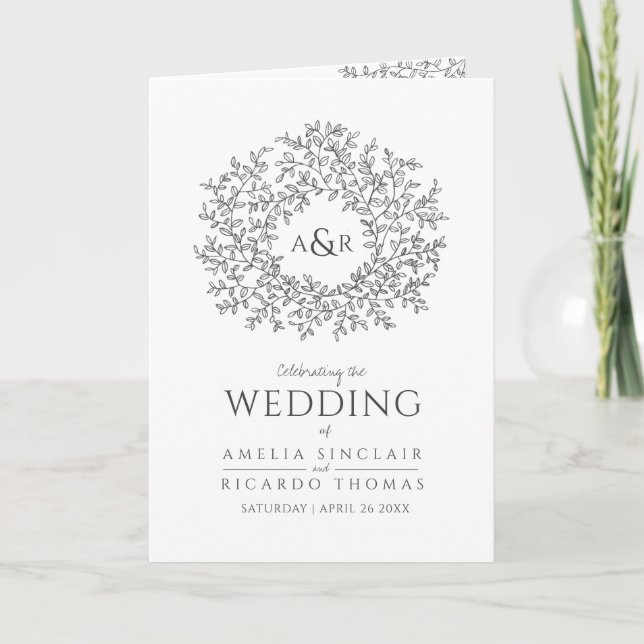 Leaf monogram art dark grey white wedding program (Front)