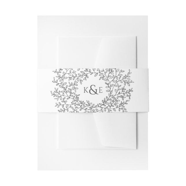 Leaf monogram art drawing dark grey on white invitation belly band (Front Example)