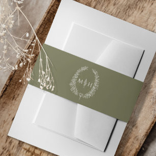 Leaf monogram art drawing olive green white invitation belly band