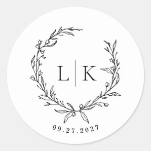 Leaf Monogram Crest Black White Wedding Classic Round Sticker