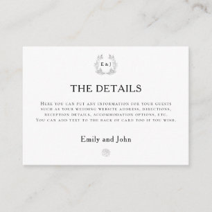 Leaf Monogram Initials Black text Wedding Details Enclosure Card