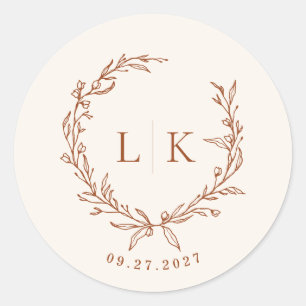 Leaf Monogram Terracotta Cream Wedding Classic Round Sticker